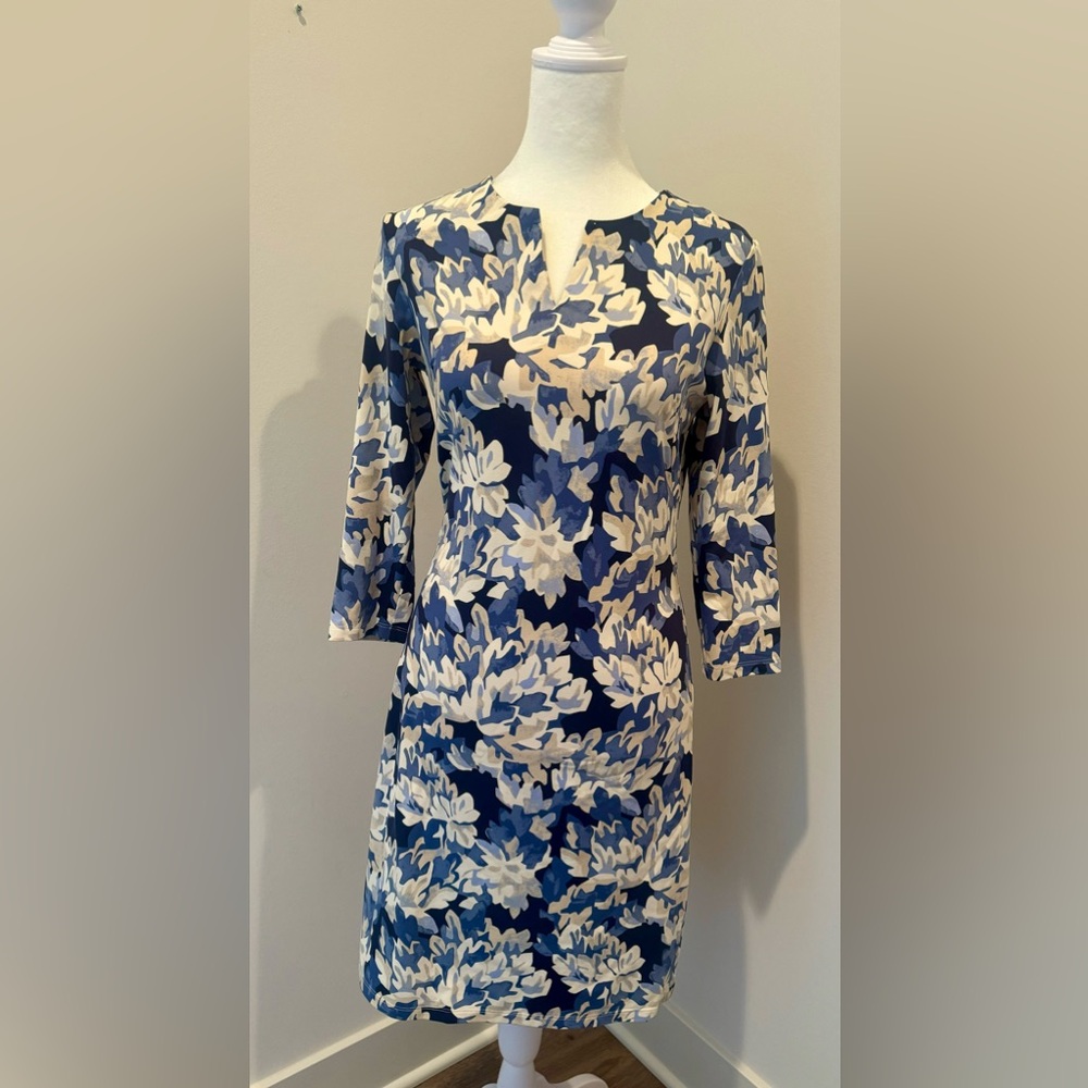 J McLaughlin Blue Floral Print Shealth Stretch Dress 3/4 Sleeve Size XS Dress